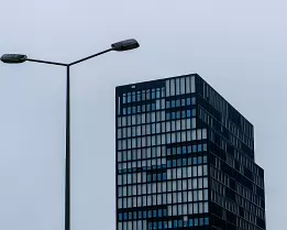 Monochrome Mood Streetlight frames a tall grid-patterned glass tower against an overcast urban sky.