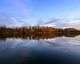 Mirror Lake Tranquil lake perfectly reflecting a line of sunlit autumn trees beneath a blue sky.