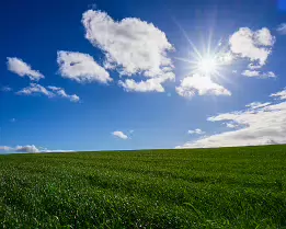 Quiet Brilliance A vibrant landscape of lush green grass under a deep blue sky, with the sun radiating bright beams through scattered white clouds, creating a peaceful and...